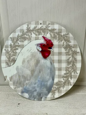 12 Inch Rooster Gingham Check Round Metal Sign