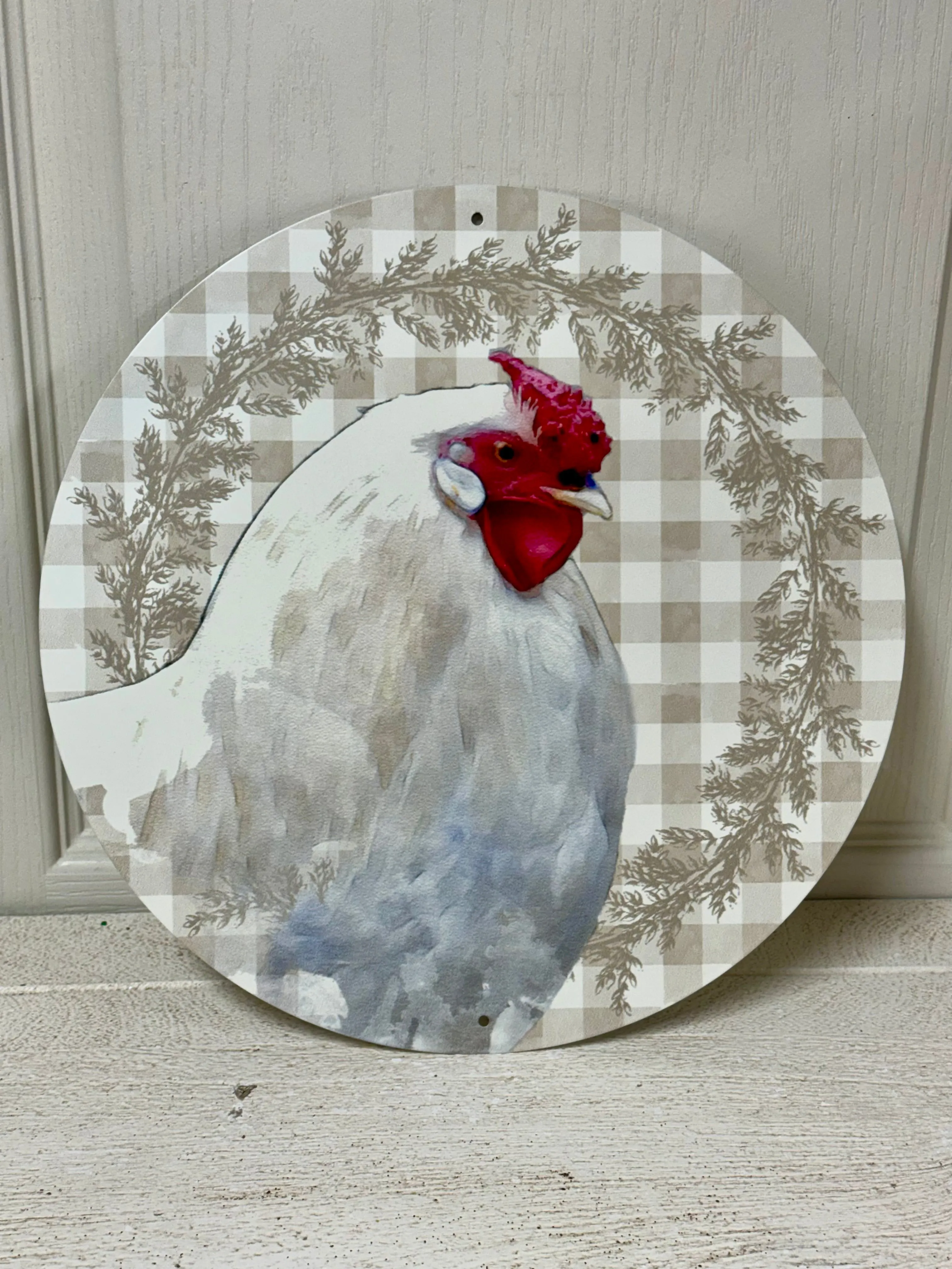 12 Inch Rooster Gingham Check Round Metal Sign