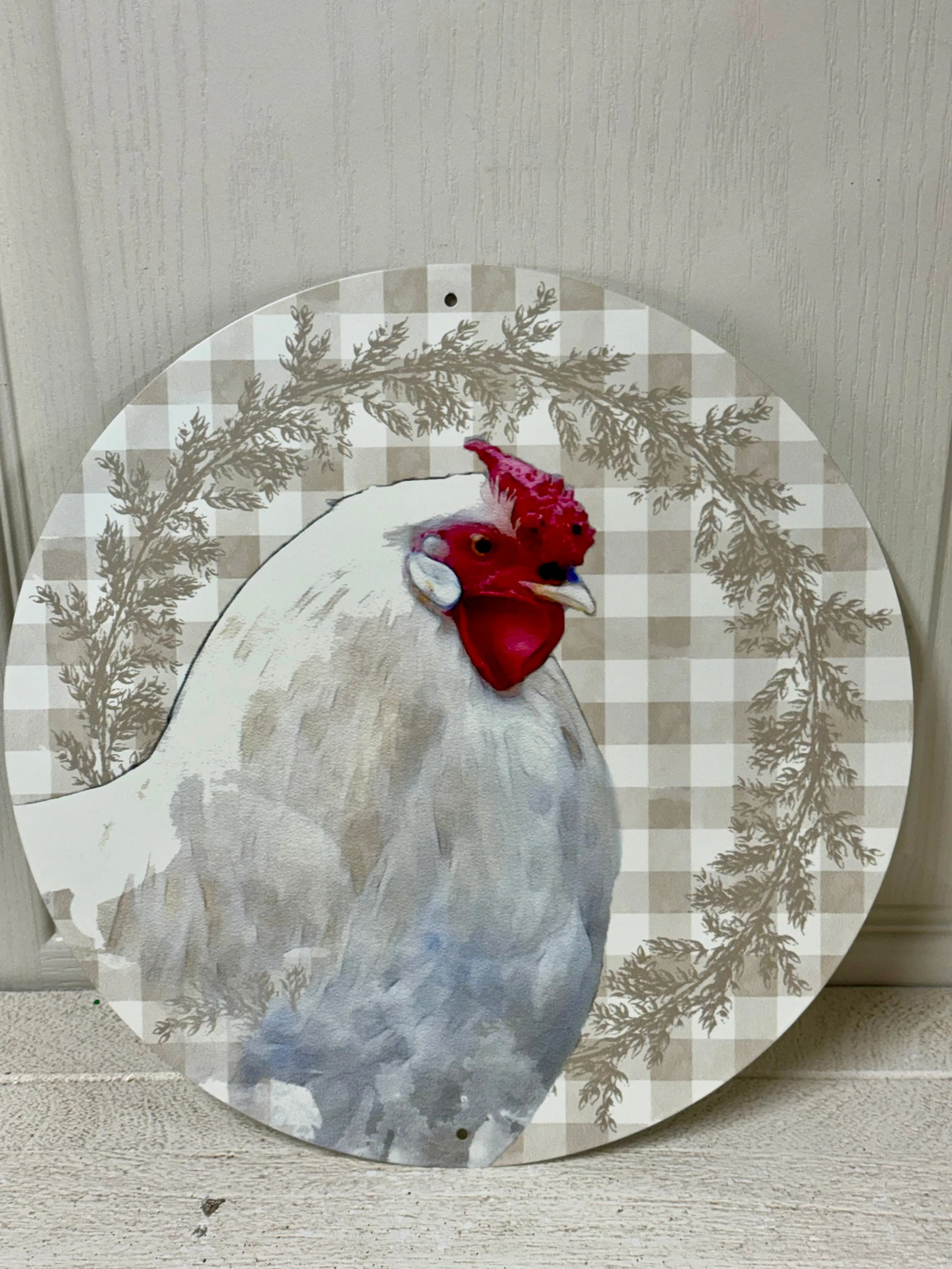 12 Inch Rooster Gingham Check Round Metal Sign