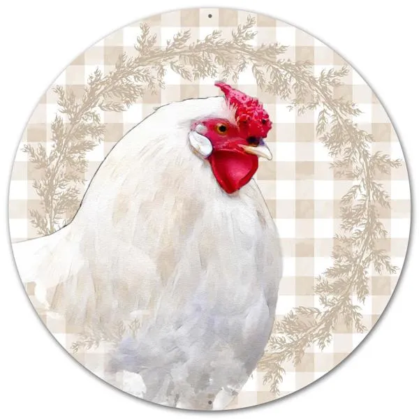 12 Inch Rooster Gingham Check Round Metal Sign