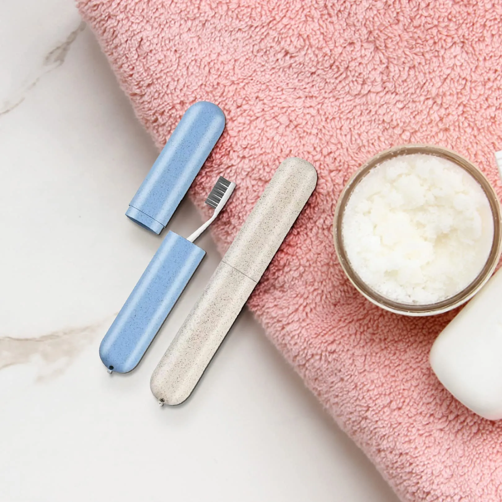 2 Pcs Toothbrush Box,Toothbrush Travel Case Cover,Portable Travel Toothbrush Holder,Store Clean Brushes,Eco-Friendly Material,Sutiable For Holidays Outdoor Hiking Camping Business Trip(Blue,Beige)