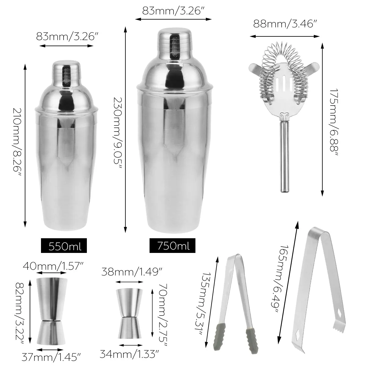 22Pcs Cocktail Shakers Stainless Steel Barware Bar Bartender Tool 550/750ml