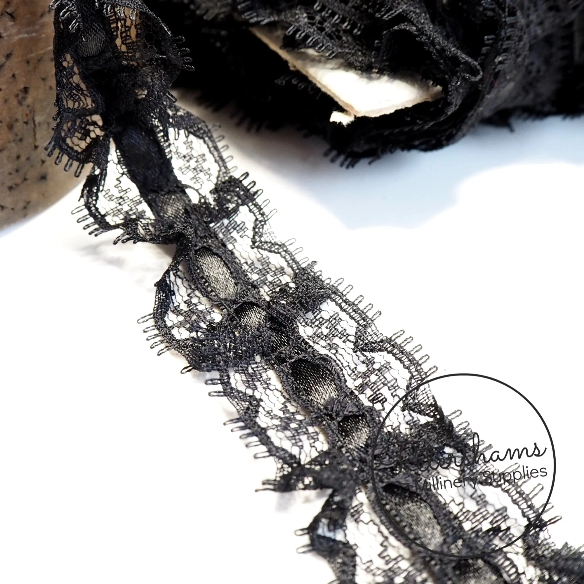25mm Frilly Black Lace Trim with Satin Centre - 1m