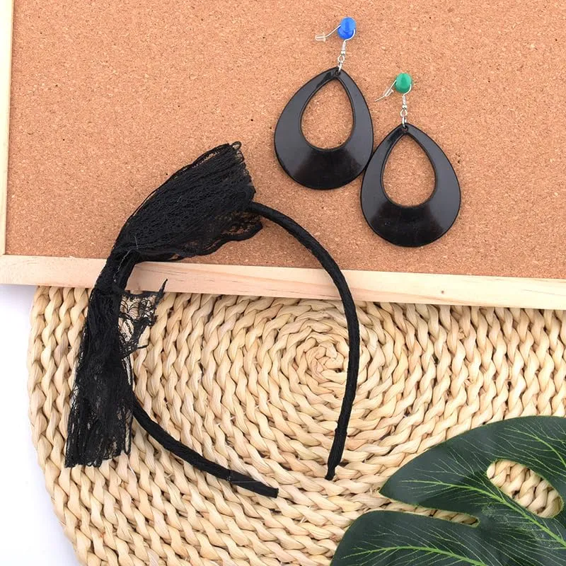 80s Neon Black Accessories for Women Girls 80s Big Lace Hair Bow Headband 80 s Drop Dangle Earrings 80's Hair Accessories Headband for Halloween Costume Decorations 1980s Hollow Earrings Headband 2PCS