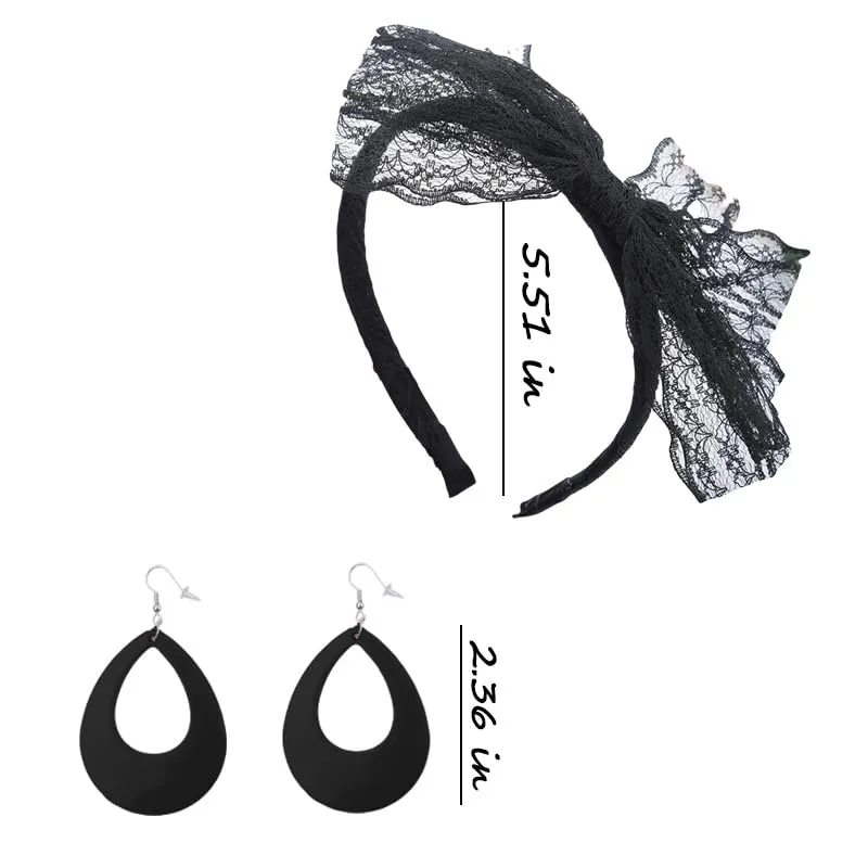 80s Neon Black Accessories for Women Girls 80s Big Lace Hair Bow Headband 80 s Drop Dangle Earrings 80's Hair Accessories Headband for Halloween Costume Decorations 1980s Hollow Earrings Headband 2PCS