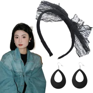 80s Neon Black Accessories for Women Girls 80s Big Lace Hair Bow Headband 80 s Drop Dangle Earrings 80's Hair Accessories Headband for Halloween Costume Decorations 1980s Hollow Earrings Headband 2PCS