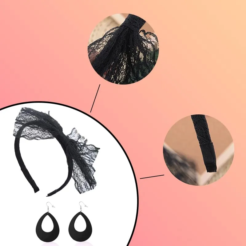 80s Neon Black Accessories for Women Girls 80s Big Lace Hair Bow Headband 80 s Drop Dangle Earrings 80's Hair Accessories Headband for Halloween Costume Decorations 1980s Hollow Earrings Headband 2PCS