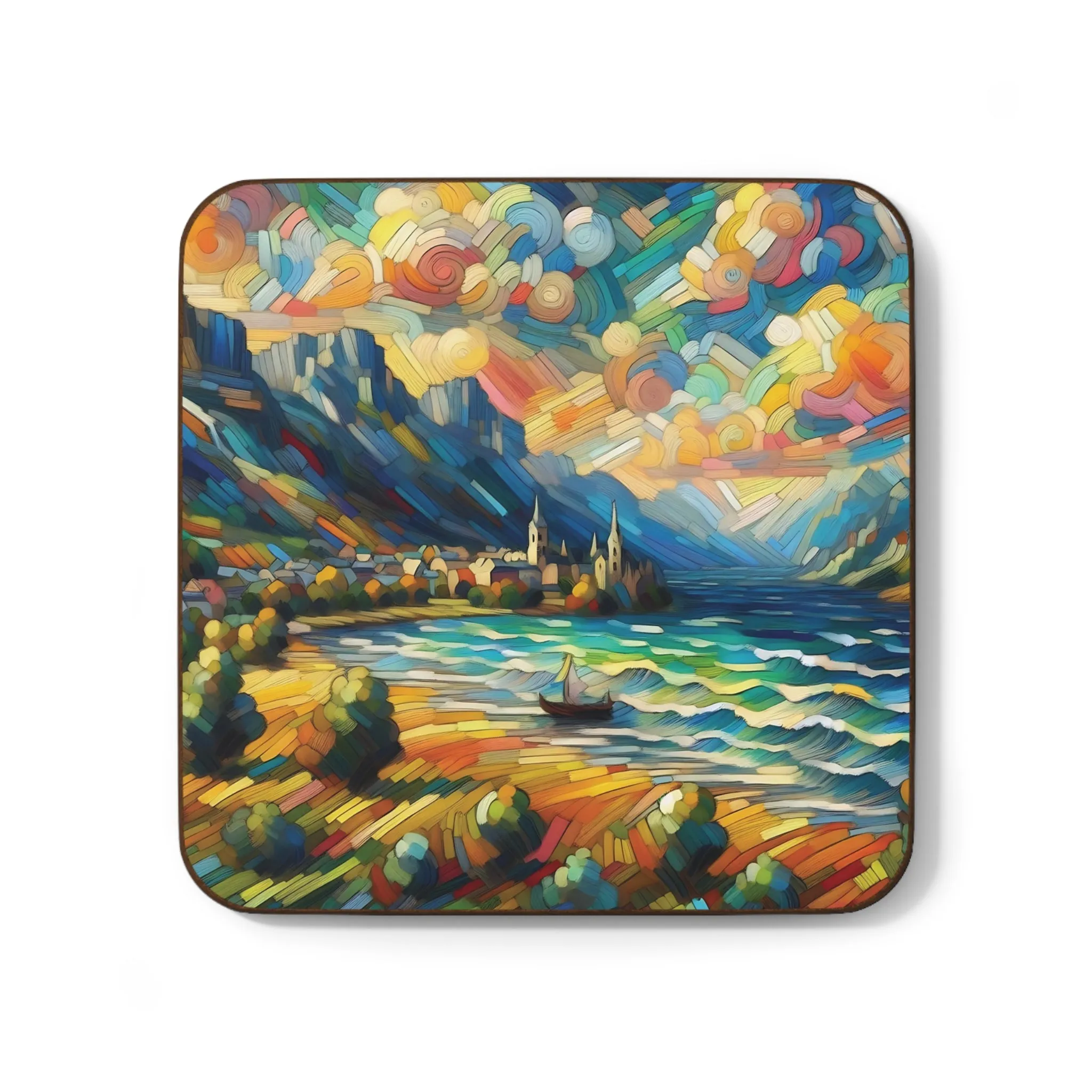 A wavy sea, city and nature artistic design Hardboard Back Coaster
