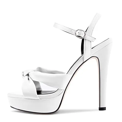 Aachcol Women Sandals Platform Peep Open Toe Ankle Strap Slingback Stiletto High Heel Dress Shoes Pumps Wedding Satin White 5 Inch