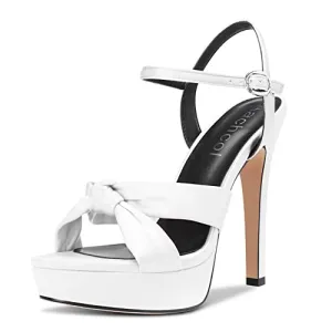 Aachcol Women Sandals Platform Peep Open Toe Ankle Strap Slingback Stiletto High Heel Dress Shoes Pumps Wedding Satin White 5 Inch