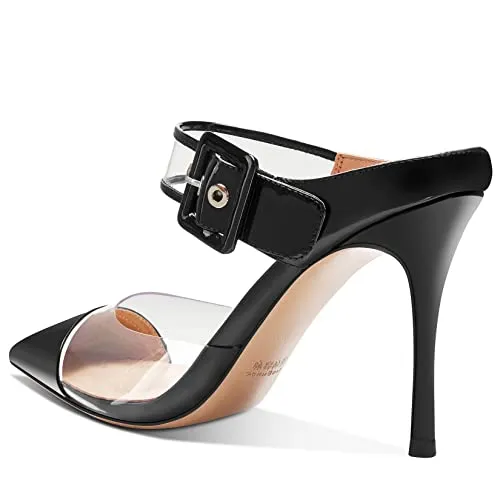 Aachcol Women Sexy Clear Slingback Ankle Strap Stiletto High Heel Pumps Close Pointed Toe Dress Shoes Party Wedding Patent Black 3 Inch
