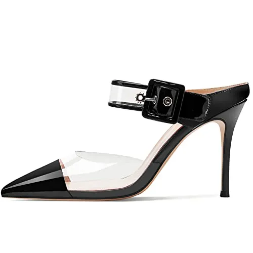 Aachcol Women Sexy Clear Slingback Ankle Strap Stiletto High Heel Pumps Close Pointed Toe Dress Shoes Party Wedding Patent Black 3 Inch