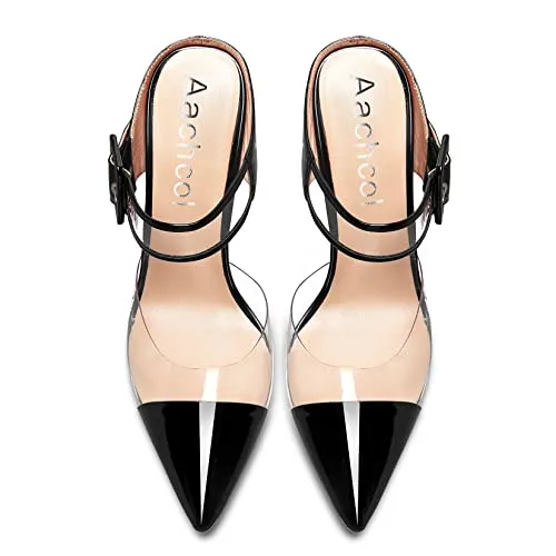 Aachcol Women Sexy Clear Slingback Ankle Strap Stiletto High Heel Pumps Close Pointed Toe Dress Shoes Party Wedding Patent Black 3 Inch