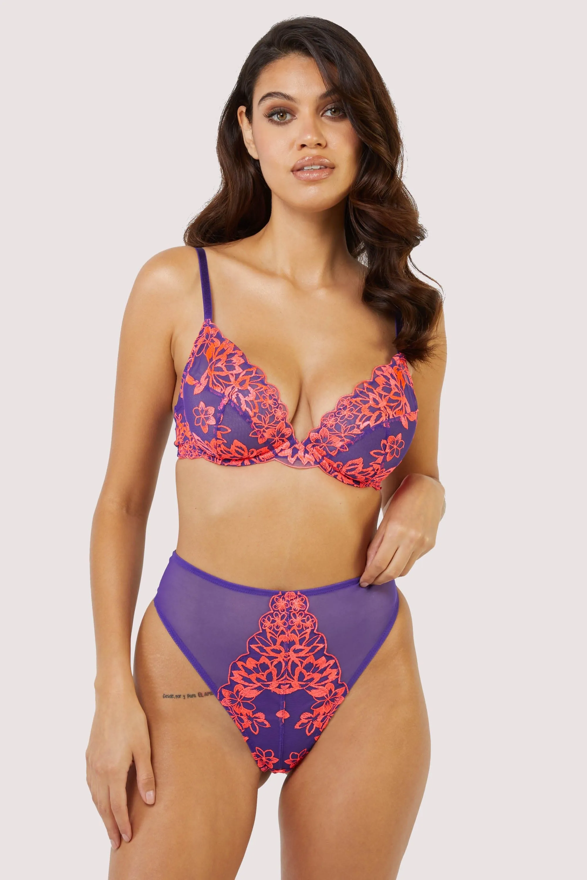 Ada Purple and Neon Pink Blossom High Waist Thong