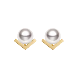 Akoya Saltwater Pearl 18K Yellow Gold Diamond V-shape Earrings