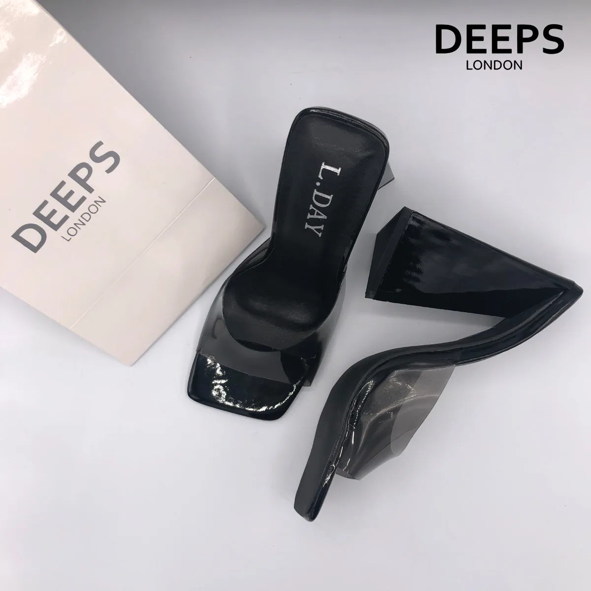 ANASTASIA SQUARE TOE MULES SANDALS HIGH HEEL BLACK