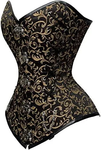 Aneta Black Gold Brocade Steel Boned Overbust Corset