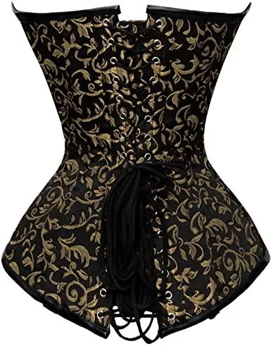 Aneta Black Gold Brocade Steel Boned Overbust Corset