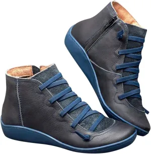 Ankle Boots with Arch Support Flat Low Heel for Women 2024 Casual Lace up Booties Vintage Leather Round Toe Short Boots Side Zipper Slip on Boots Comfortable Fall Winter Fashion Sneakers