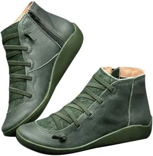 Ankle Boots with Arch Support Flat Low Heel for Women 2024 Casual Lace up Booties Vintage Leather Round Toe Short Boots Side Zipper Slip on Boots Comfortable Fall Winter Fashion Sneakers