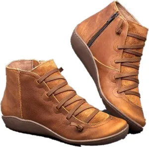 Ankle Boots with Arch Support Flat Low Heel for Women 2024 Casual Lace up Booties Vintage Leather Round Toe Short Boots Side Zipper Slip on Boots Comfortable Fall Winter Fashion Sneakers