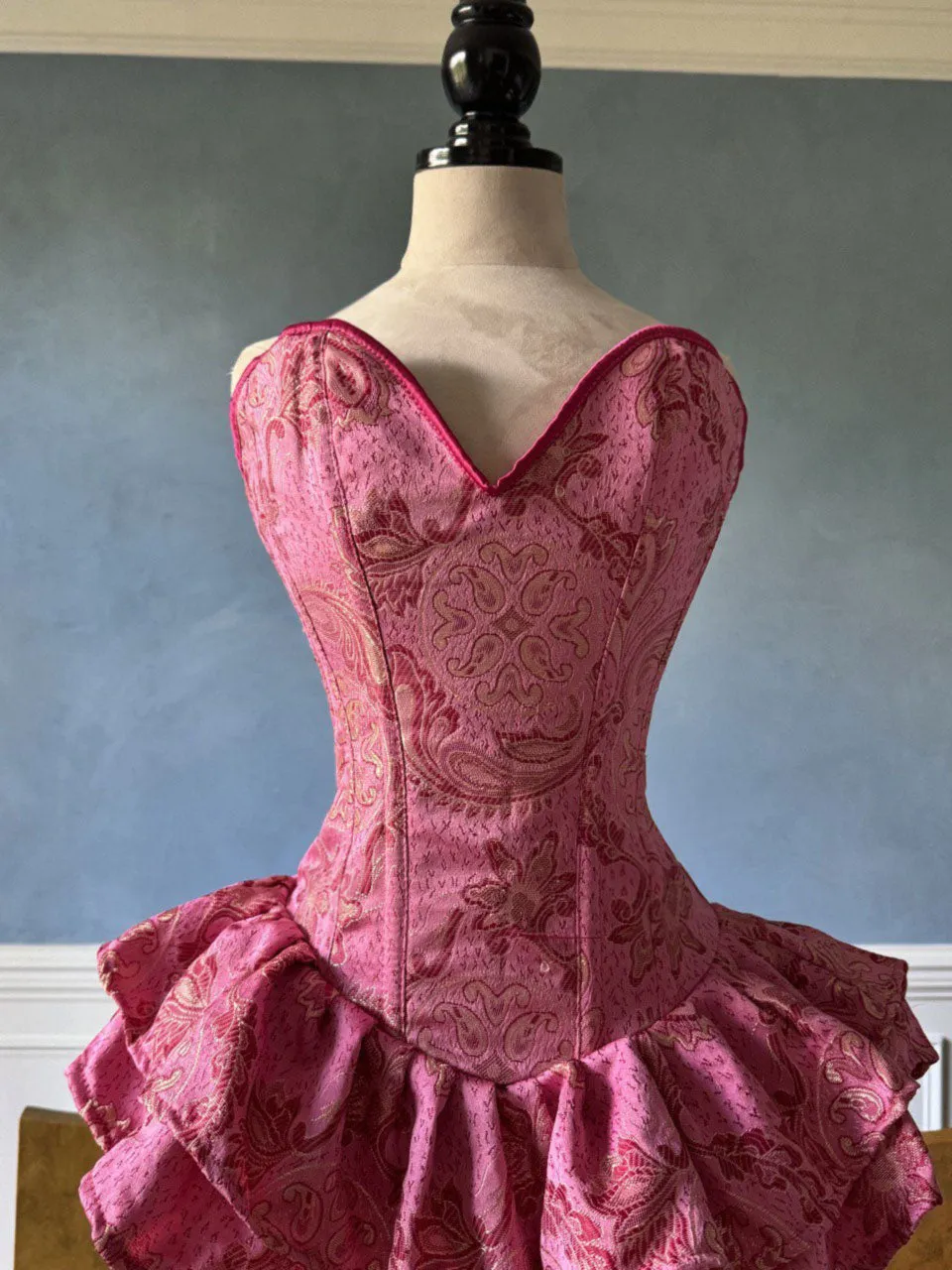 Authentic pink brocade corset dress with fluffy skirt. Prom, Valentine, mini wedding dress