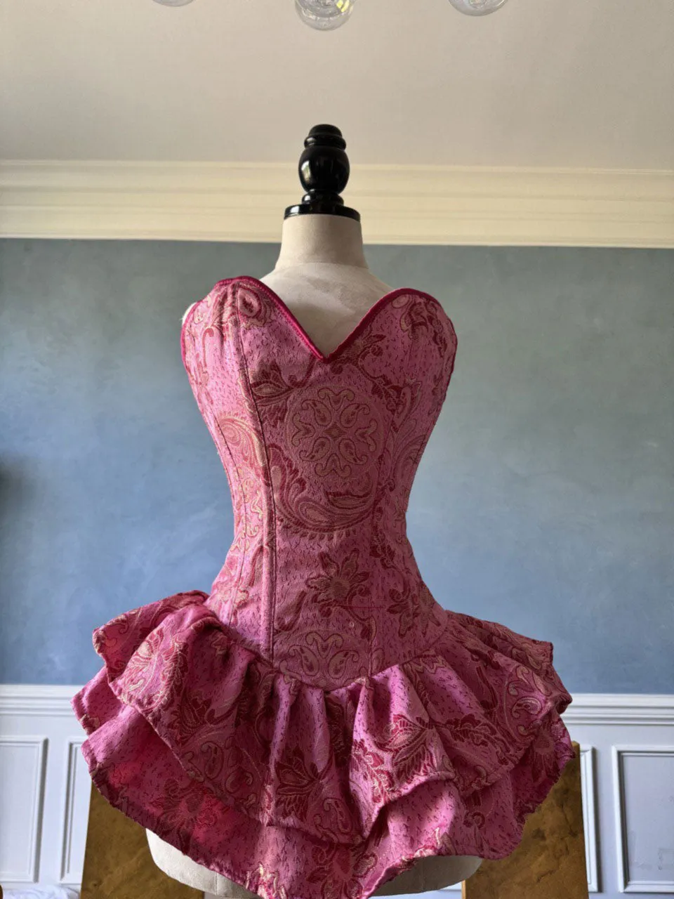 Authentic pink brocade corset dress with fluffy skirt. Prom, Valentine, mini wedding dress