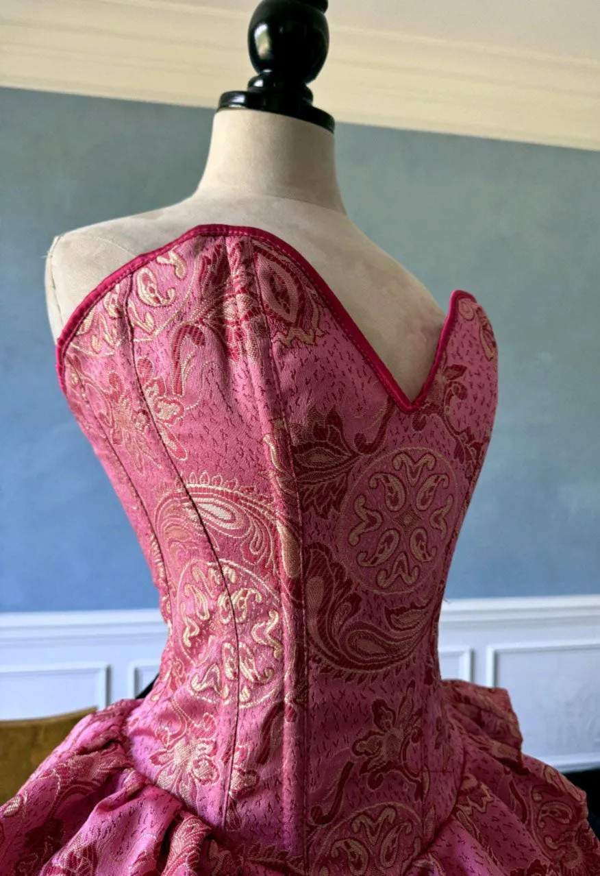 Authentic pink brocade corset dress with fluffy skirt. Prom, Valentine, mini wedding dress