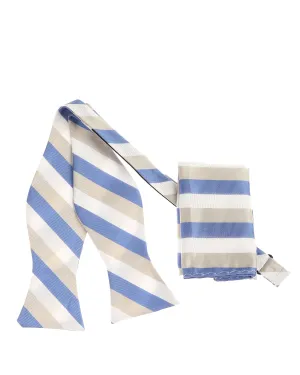 Baby Blue, Silver & White Striped Self-Tied Bow Tie With Matching Pocket Square