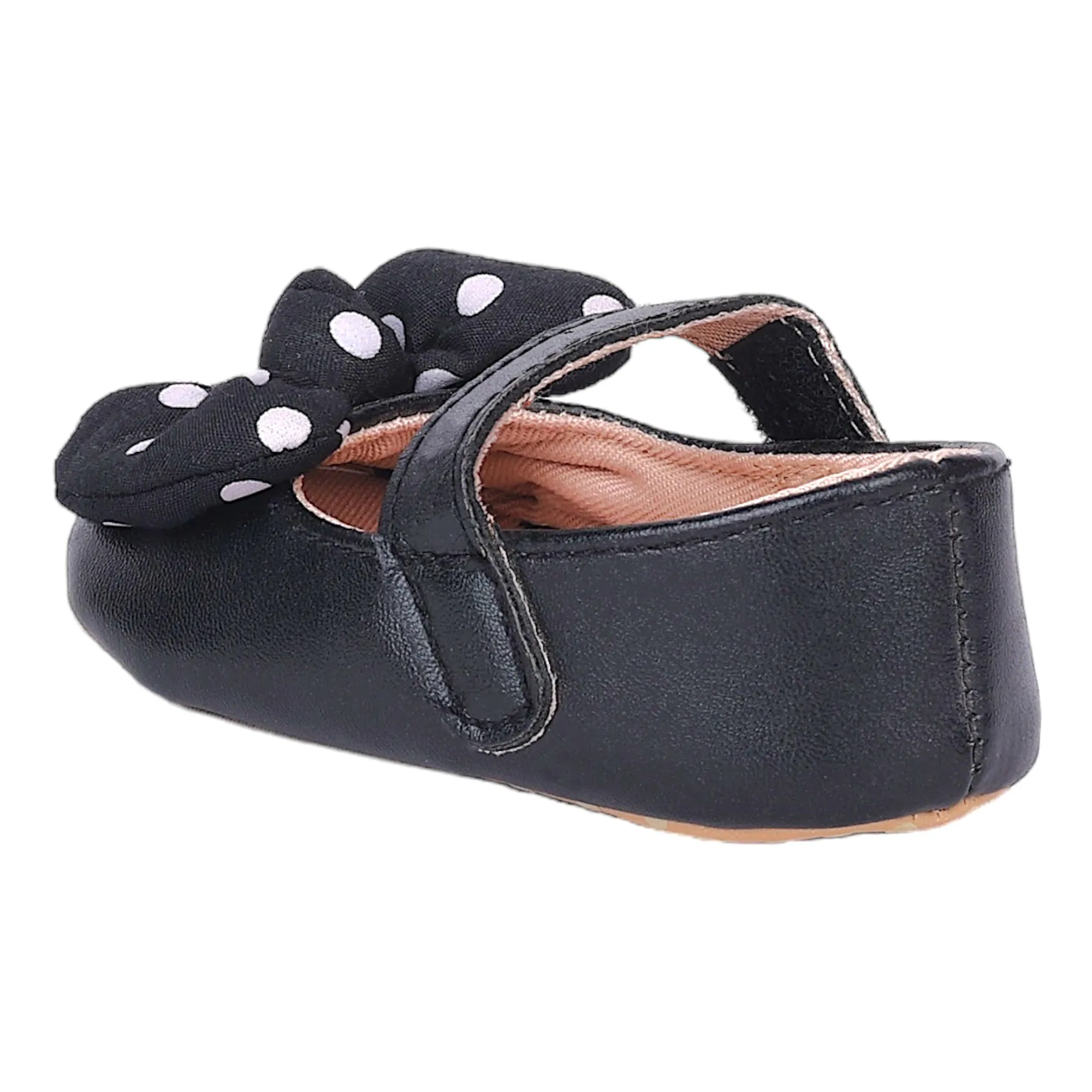 Baby Moo Polka Dot Bow Velcro Strap Anti-Skid Ballerina Booties - Black