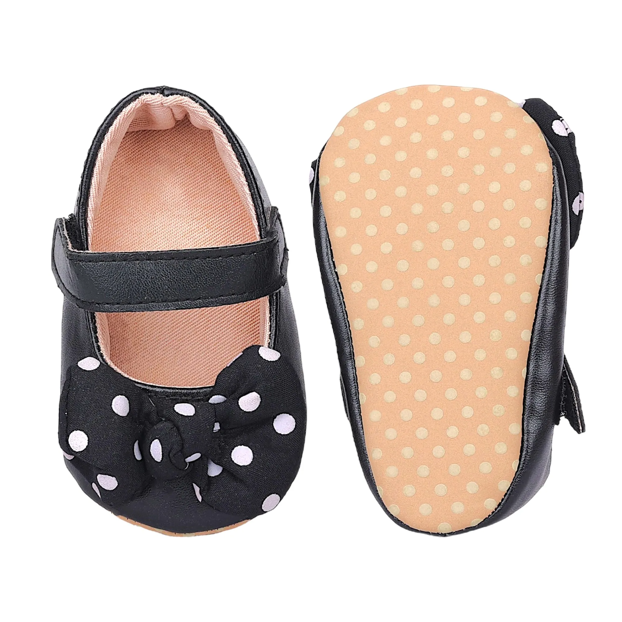 Baby Moo Polka Dot Bow Velcro Strap Anti-Skid Ballerina Booties - Black