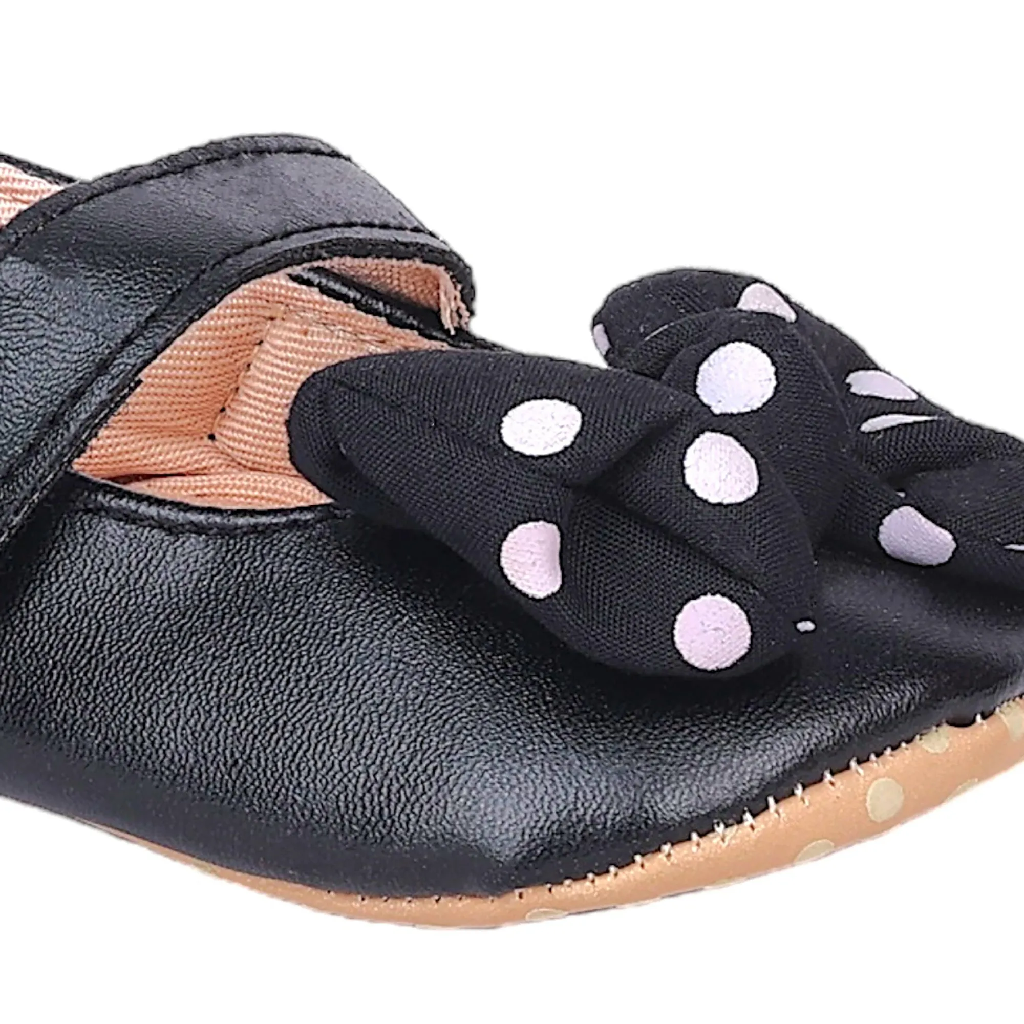 Baby Moo Polka Dot Bow Velcro Strap Anti-Skid Ballerina Booties - Black
