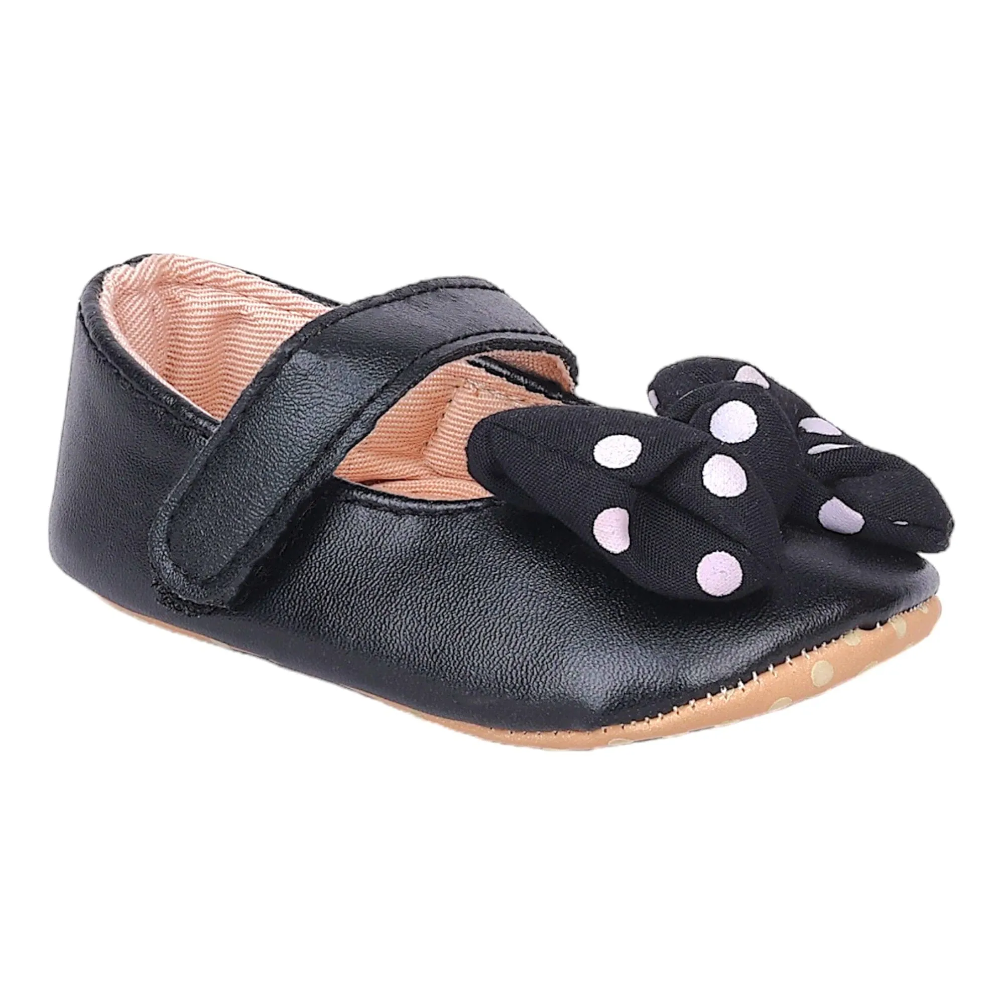 Baby Moo Polka Dot Bow Velcro Strap Anti-Skid Ballerina Booties - Black