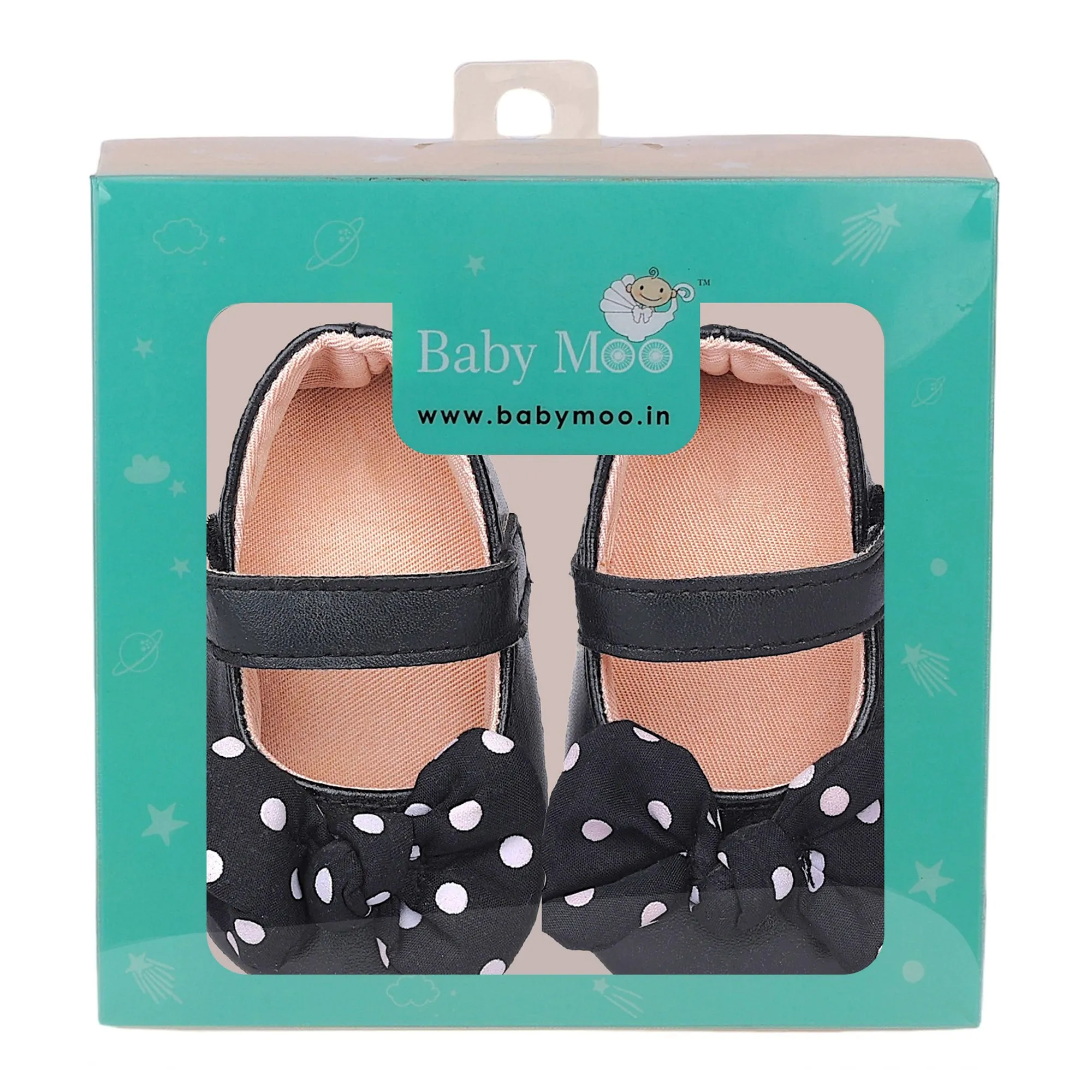 Baby Moo Polka Dot Bow Velcro Strap Anti-Skid Ballerina Booties - Black