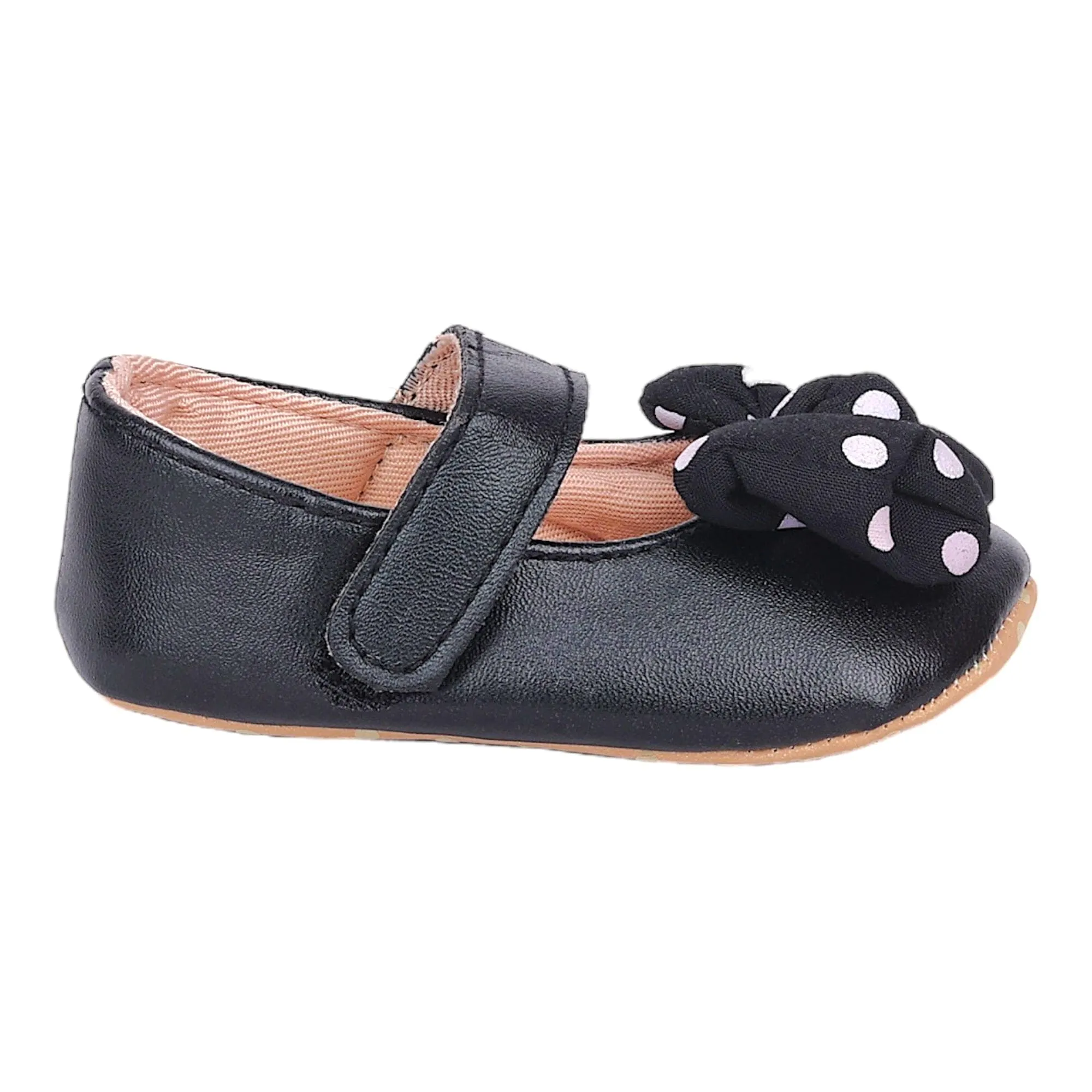 Baby Moo Polka Dot Bow Velcro Strap Anti-Skid Ballerina Booties - Black