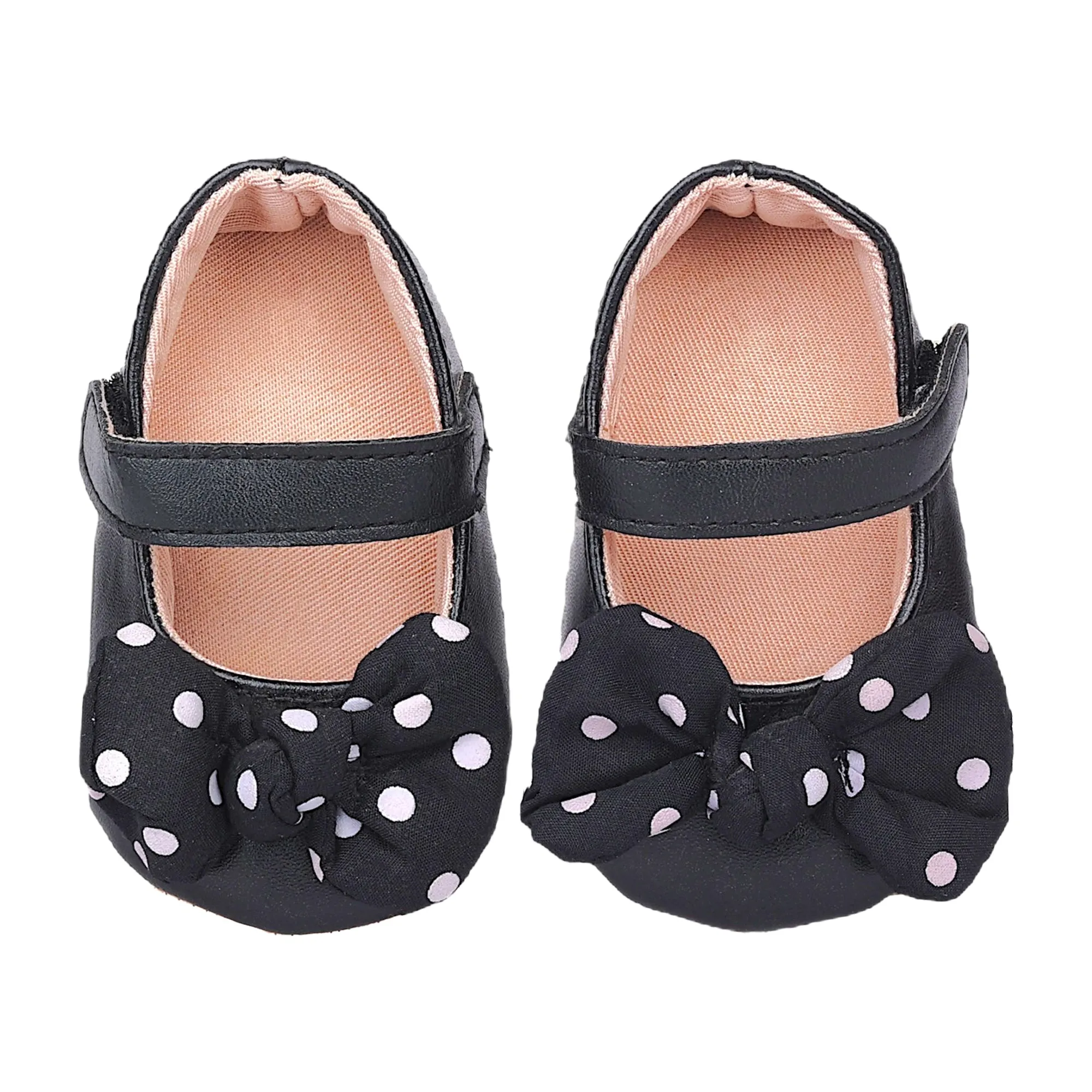 Baby Moo Polka Dot Bow Velcro Strap Anti-Skid Ballerina Booties - Black