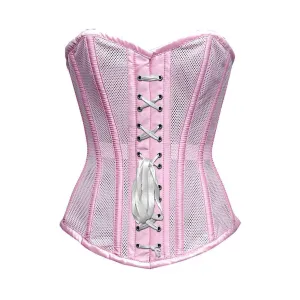 Baby Pink Satin Mesh Front White Ribbon Overbust Corset