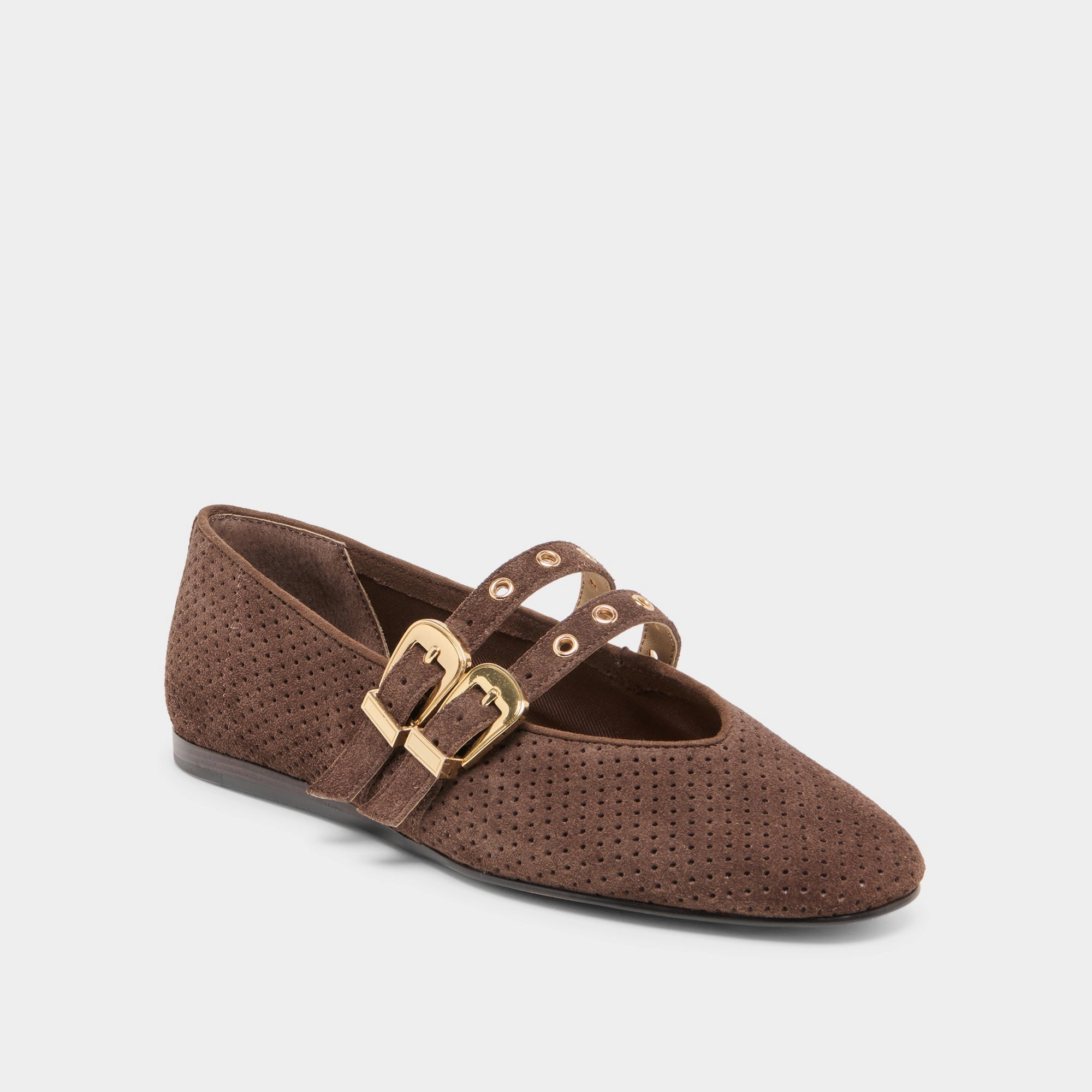 BAYLEE GROMMET BALLET FLATS DK BROWN PERFORATED SUEDE Bold Pop