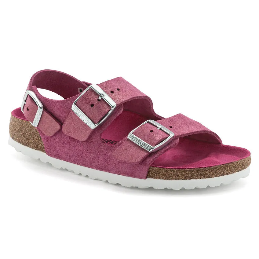 Birkenstock Unisex Milano Leather Suede Regular Fit Sandals Shimmering Fuchsia