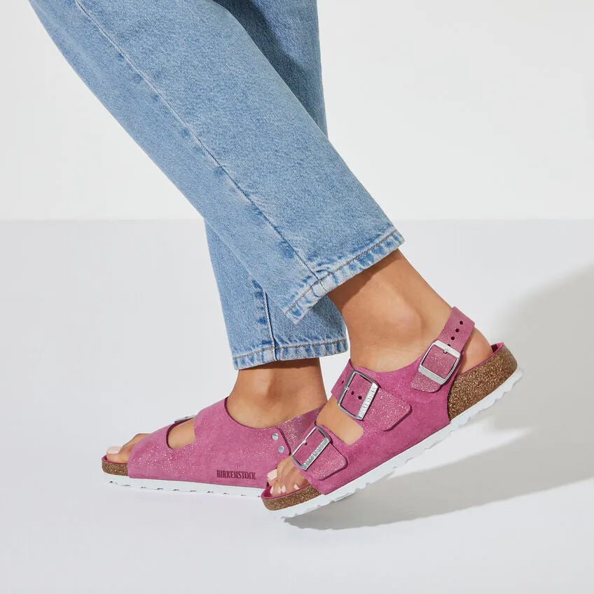 Birkenstock Unisex Milano Leather Suede Regular Fit Sandals Shimmering Fuchsia