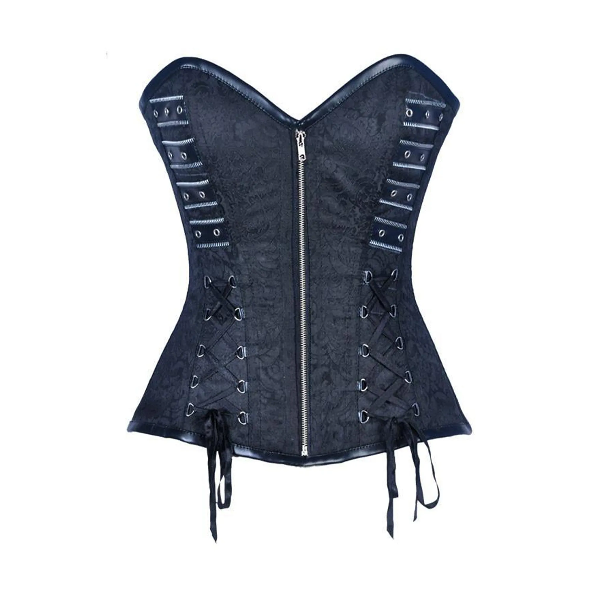 Black Brocade Black Faux Leather Antique Zipper Overbust Corset
