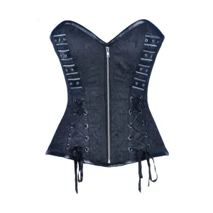 Black Brocade Black Faux Leather Antique Zipper Overbust Corset