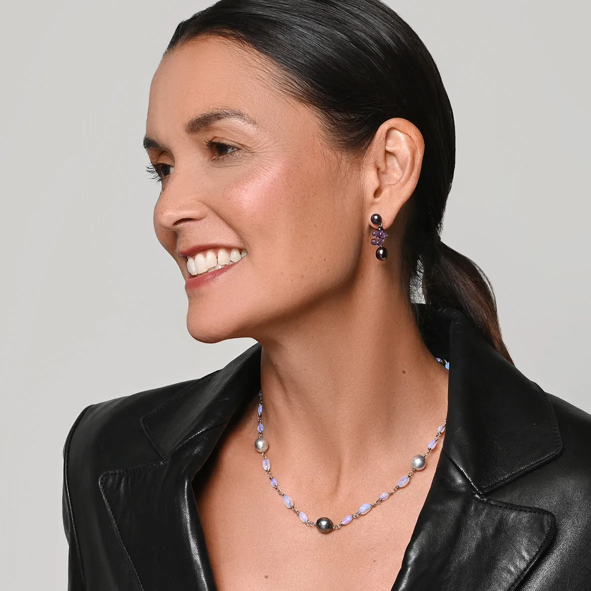 Black Freshwater Pearl & Amethyst 'Twinkling Light' Short Earrings