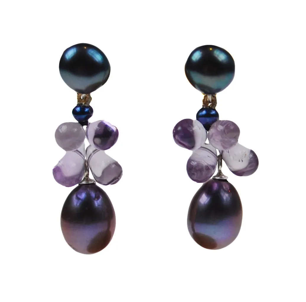 Black Freshwater Pearl & Amethyst 'Twinkling Light' Short Earrings