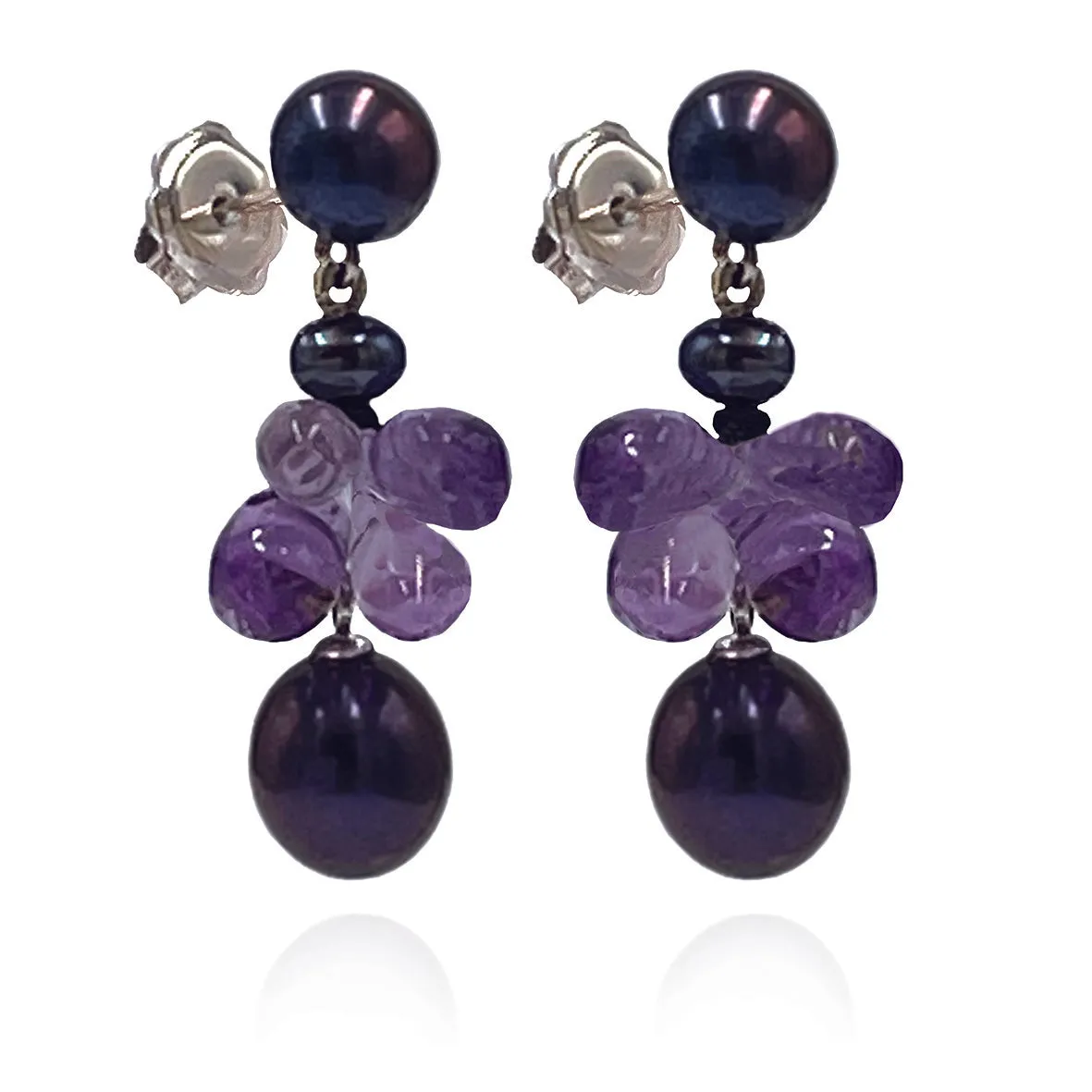 Black Freshwater Pearl & Amethyst 'Twinkling Light' Short Earrings