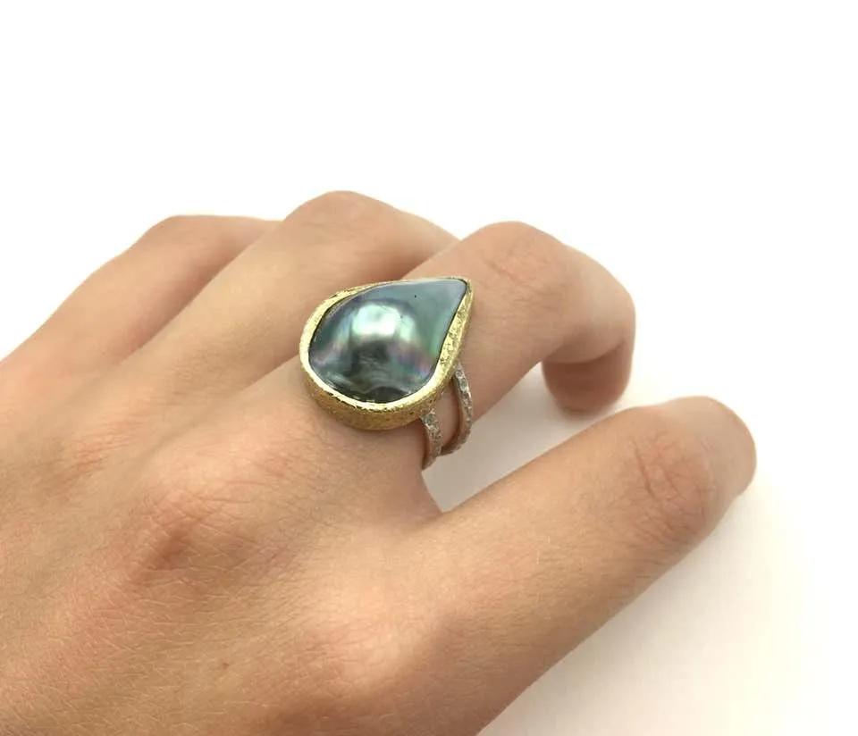 Black Mabe Peal Ring Tear Shaped in Gold and Sterling Silver