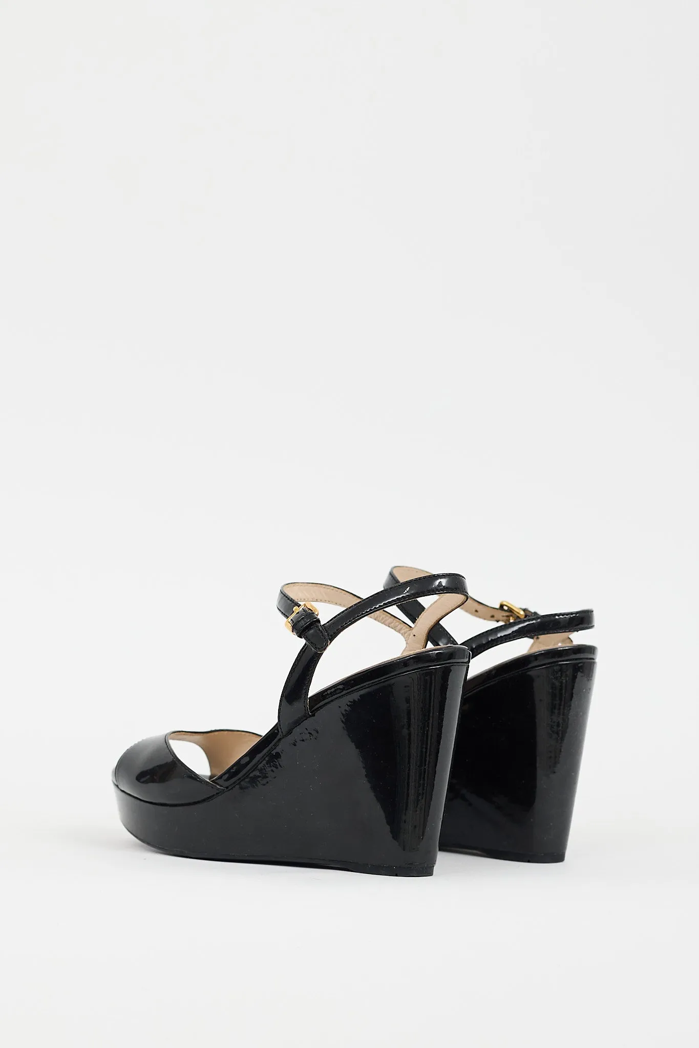 Black Patent Ankle Strap Wedge Heel