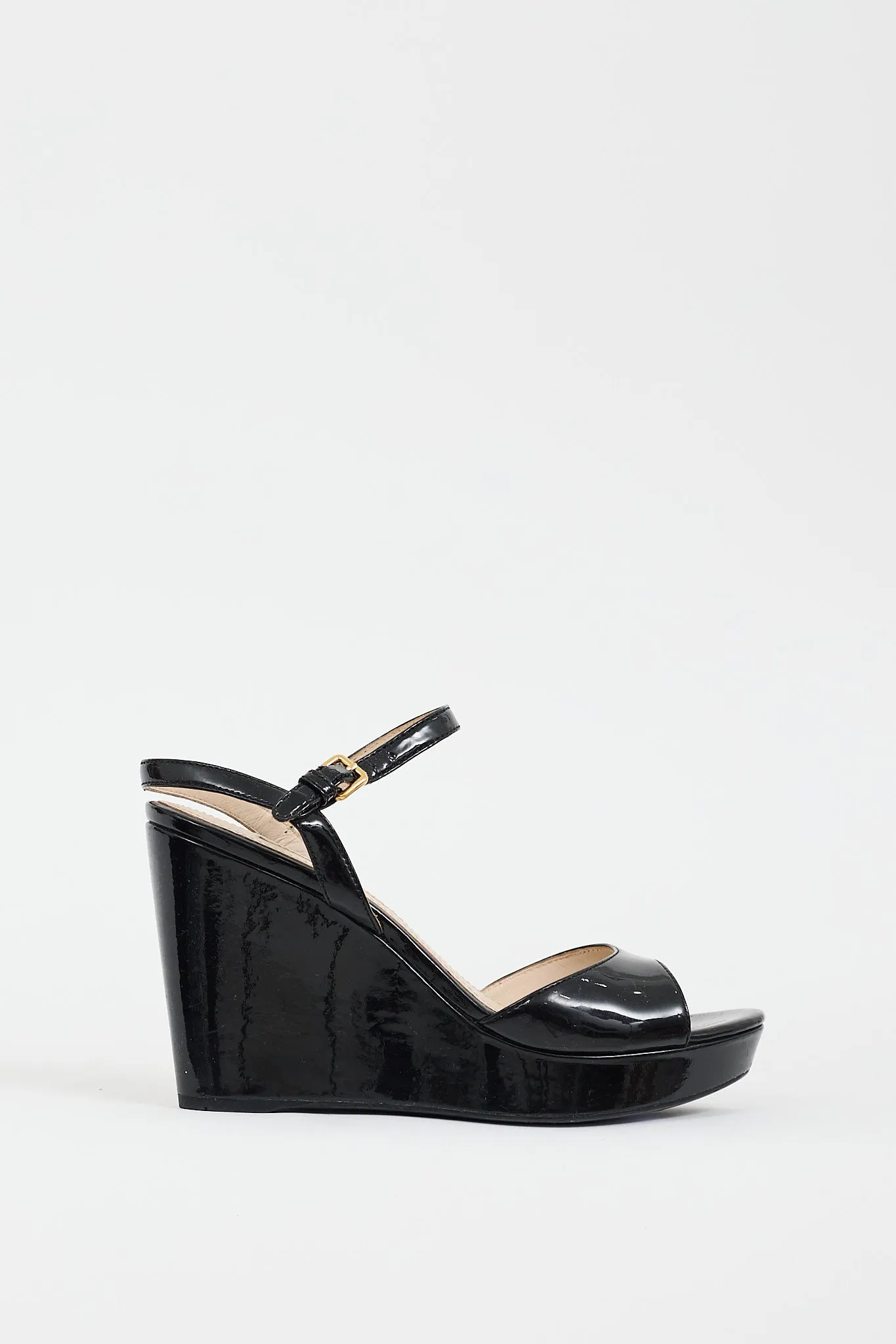 Black Patent Ankle Strap Wedge Heel