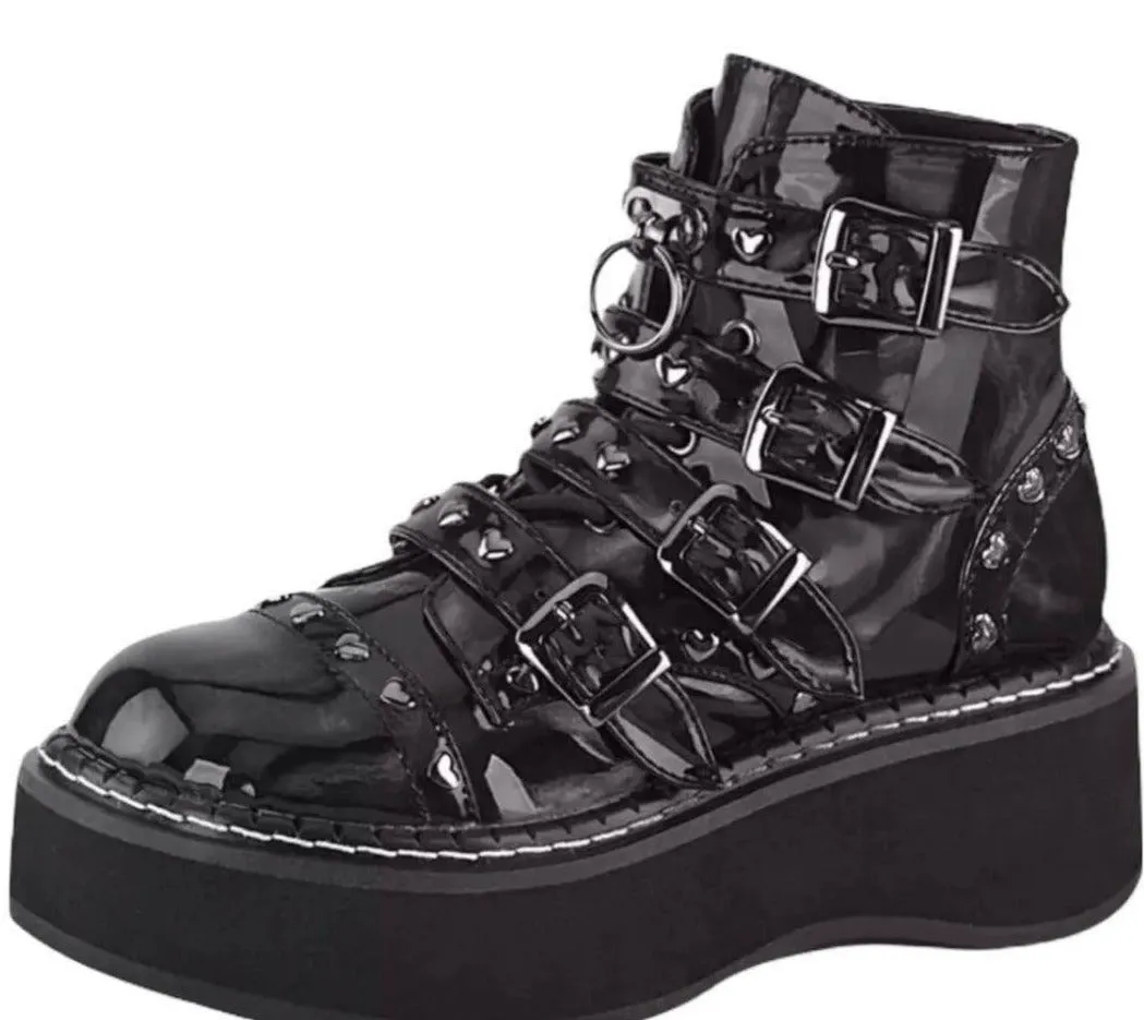 Black Patent Silver Hearts Platform Combat Boots
