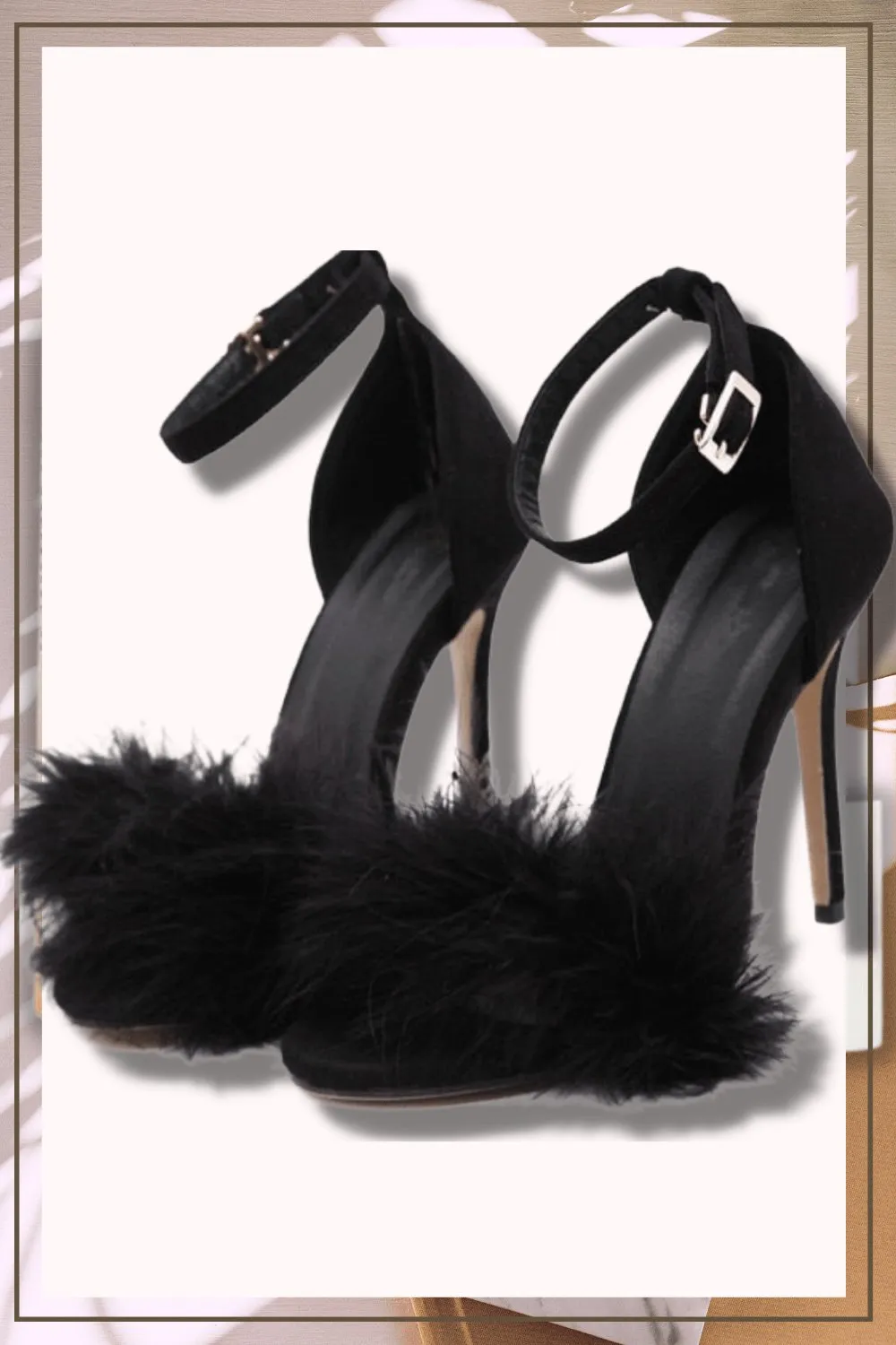 Black Stiletto High Heel Sandals With Fluffy Fur